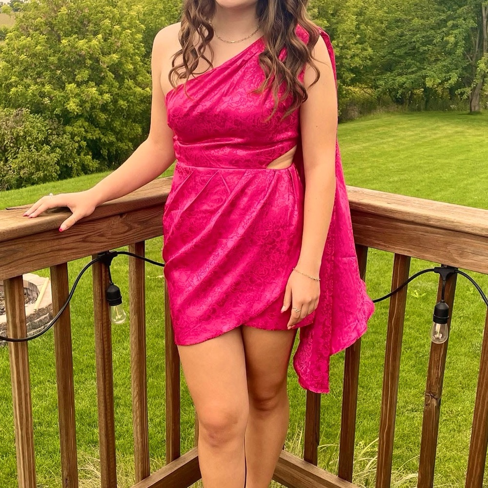 Homecoming or Winter formal AKIRA Vibrant Pink One-Shoulder Dress